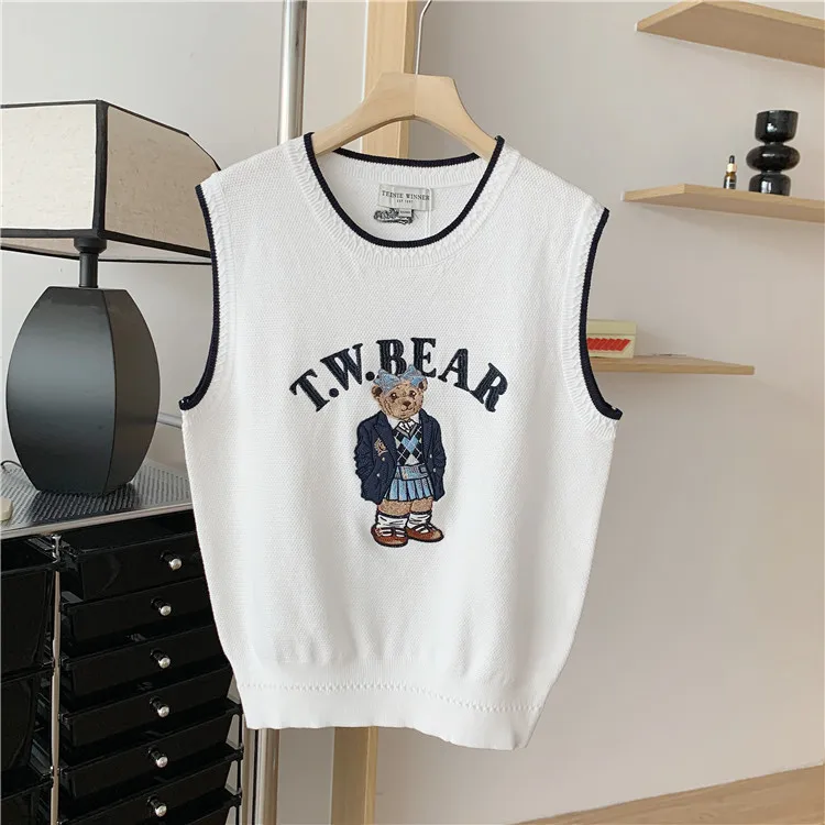 

Letter Knitted Sweater Vest , Fashion Bear Cartoon Casual Jumper , Women Elegant Tops, Pullovers, Vestidos Para Mujer. Traf