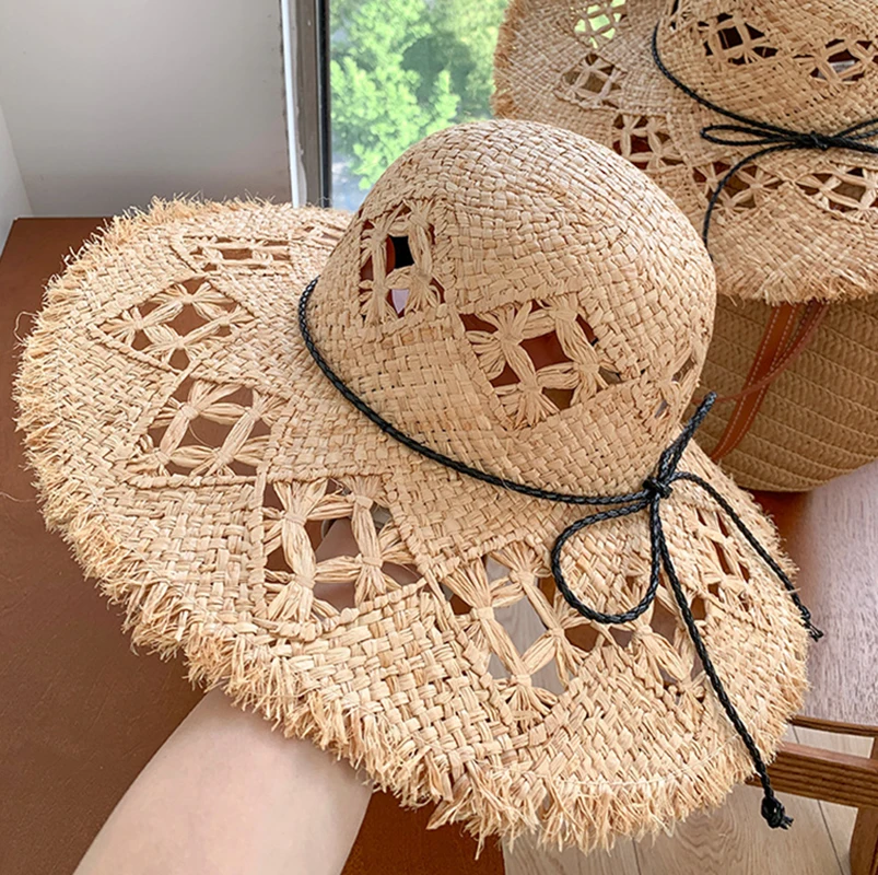 Summer Women'S Flap Beach Hat Bow Hollow Large Brim Sun Shade Sunscreen Raffia Straw Hat Women'S Handmade Straw