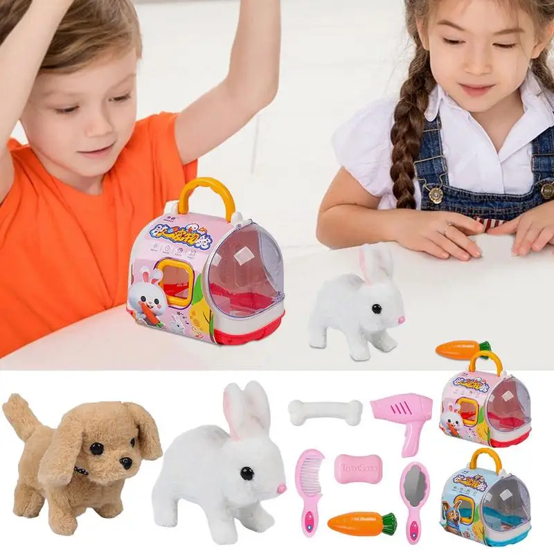 Electric Rabbit Dog Plush Toy Kit With Animal Food Hopping Bunny Toy Children Pretend Play Pet Care Set  Animal Pet Toy for Kids tefal беспроводной пылесос x force flex 14 60 animal care ty99a8w