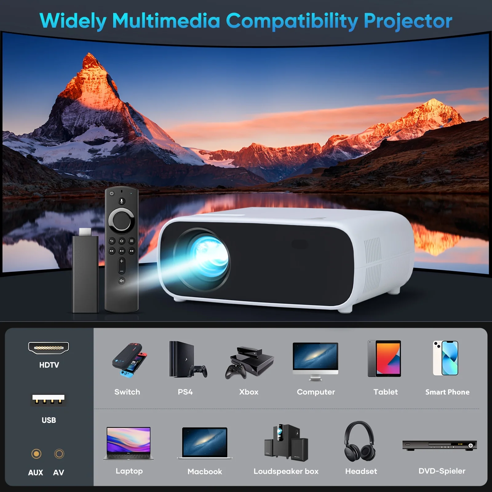 Ultimate Home Theater Projector-Native1080P,5GWIFI wireless connection,Compatible with HDTV, AV,Smartphones/Tablets/Laptops