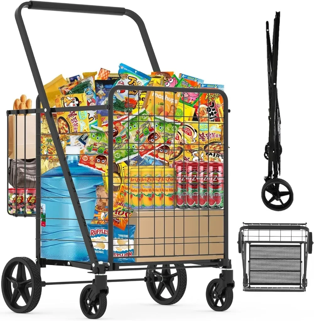 

Shopping Cart for Groceries 30.7 Gallons Folding Grocery Cart with Waterproof Bag 360° Swivel Wheels & Double Basket Portable