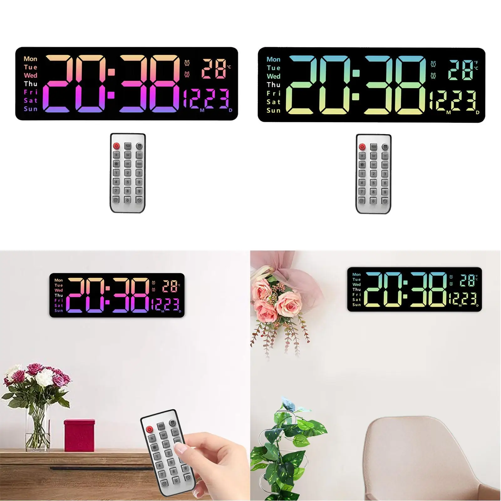 LED Desktop Alarm Clock with Remote Control Temp 16inch Digital Clock Wall Clock for Bedroom Office Learning Living Room Beside