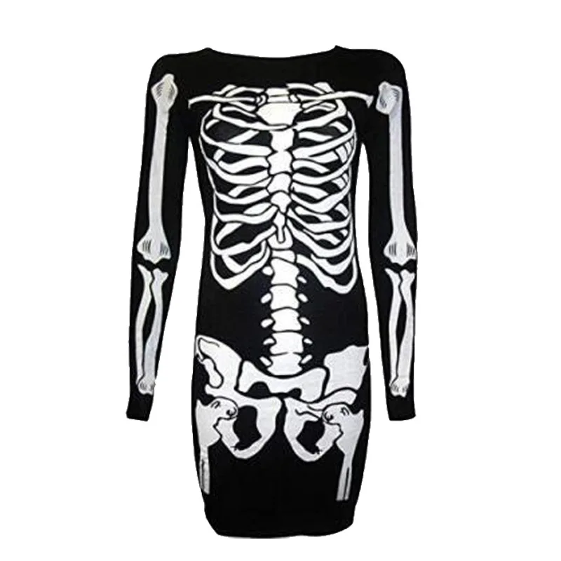 Halloween Horror Skeleton Print Dress Women Trick or Treat Fashion Shirts Tunic Tops Loose Fit Basic Lady Clothes