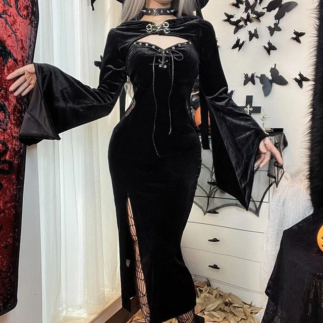 Women's Sexy Gothic Dress Slim Mini Dresses Batwing Sleeve Cocktail Party  Dress Halloween Cosplay Vintage Witch Dress