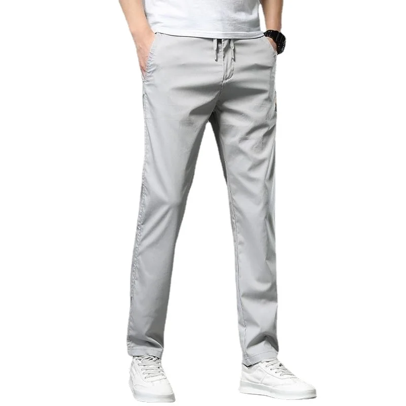 Summer Lightweight Casual Pants Men Gray Ice Silk Straight Elastic Waist Trousers