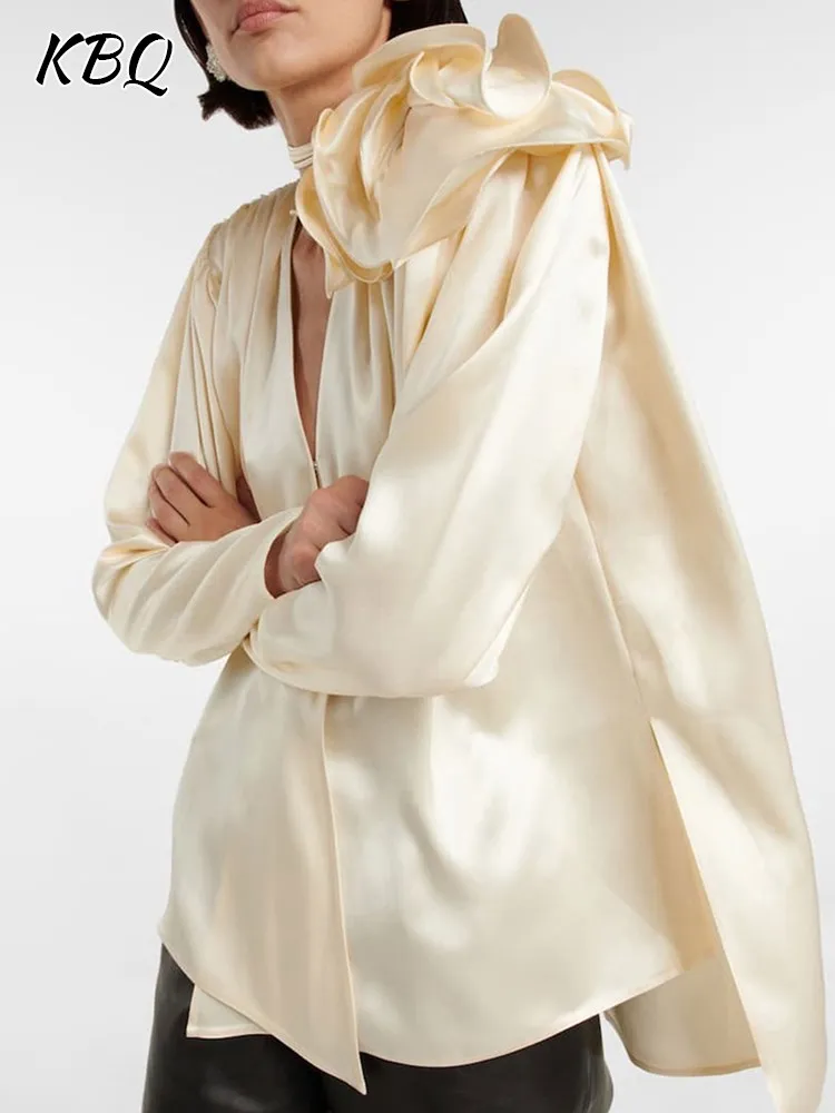 

KBQ Spliced Appliques Satin Shirts For Women V Neck Long Sleeve Patchwork Lace Up Loose Solid Elegant Blouse Female Spring New