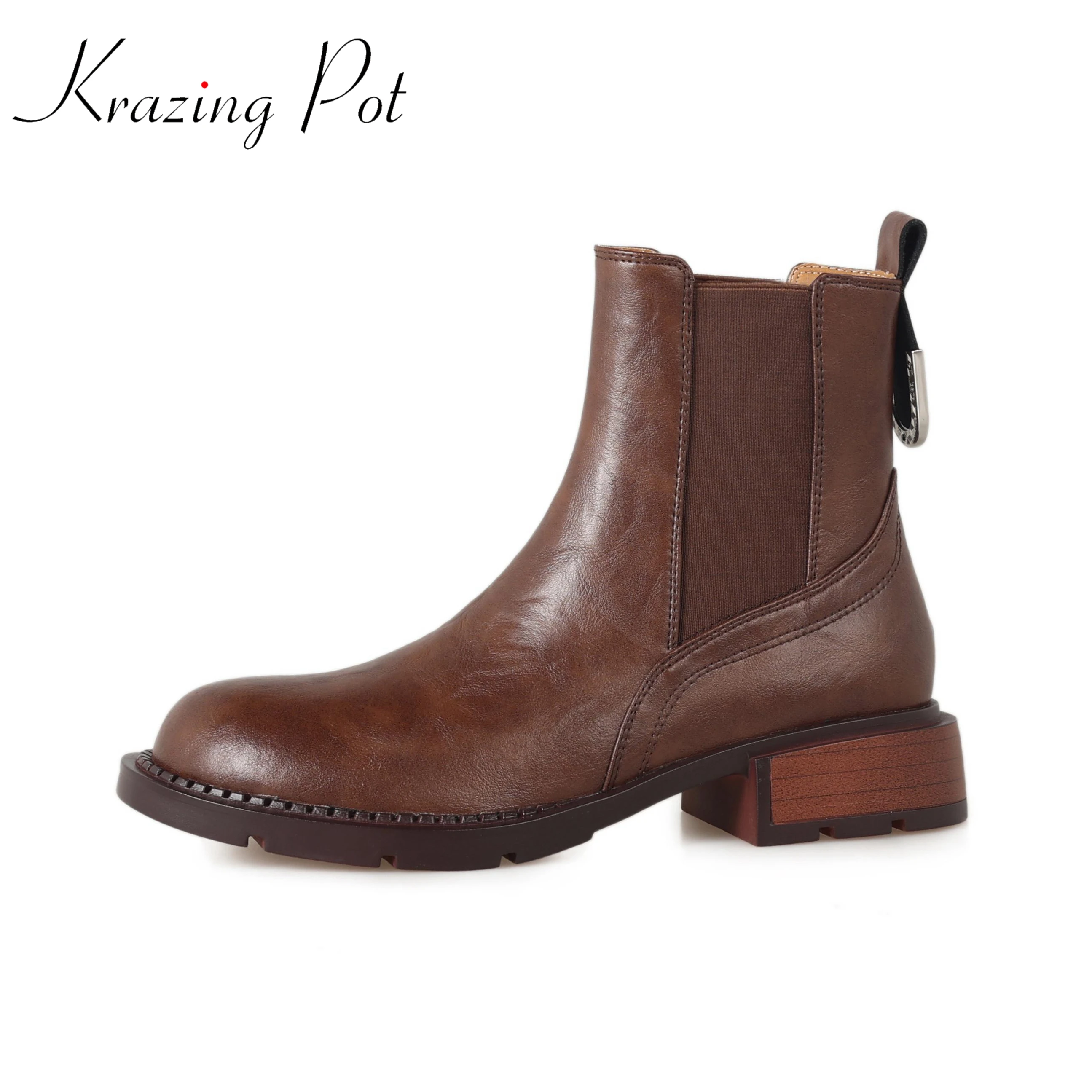 

Krazing Pot Cow Leather Round Toe Thick Med Heels Winter Warm Chelsea Boots Sewing Vintage Fashion Office Lady Ins Ankle Boots