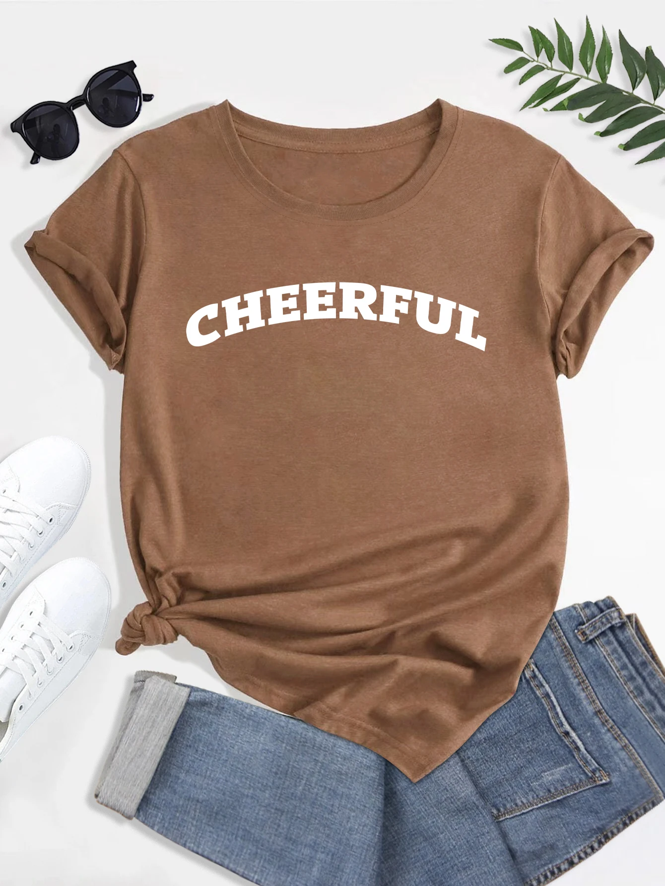Camiseta de talla grande 'Cheerful', camiseta estampada con cuello redondo, camisetas casuales holgadas de manga corta de verano de moda para mujer, camisetas para mujer_voghion.com