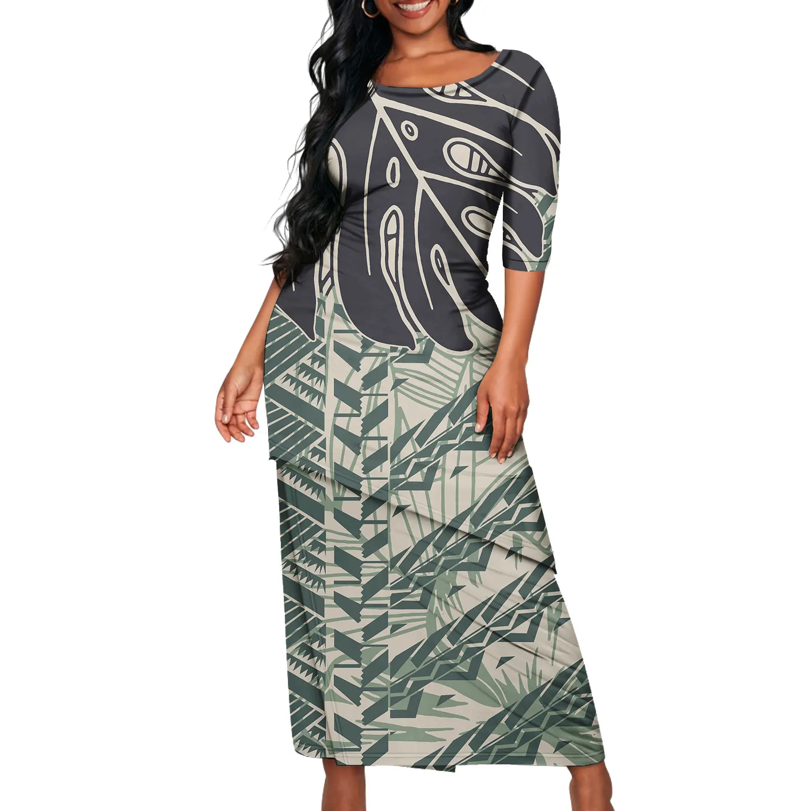 

Платье женское длинное с коротким рукавом, полинезийское платье-макси с изображением острова племени, имитация гибискуса, 2 предмета