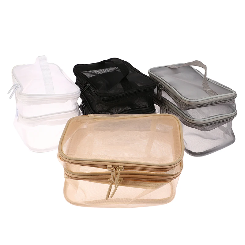 사무실용 메쉬 화장품 가방, 메쉬 메이크업 가방 파우치, 여행 보관 가방, 이중 레이어 세면 용품 가방, 1pc