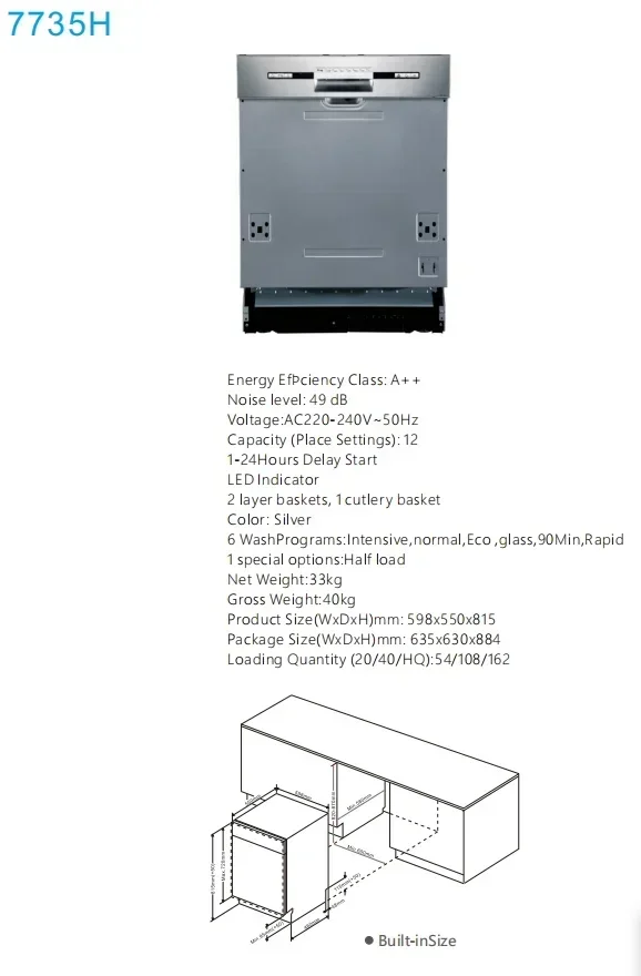 220V50Hz 12 Sets 60CM Semi Built-in Dishwasher with 6 Wash Programs and 1-24 Hour Delayed Start Function 4