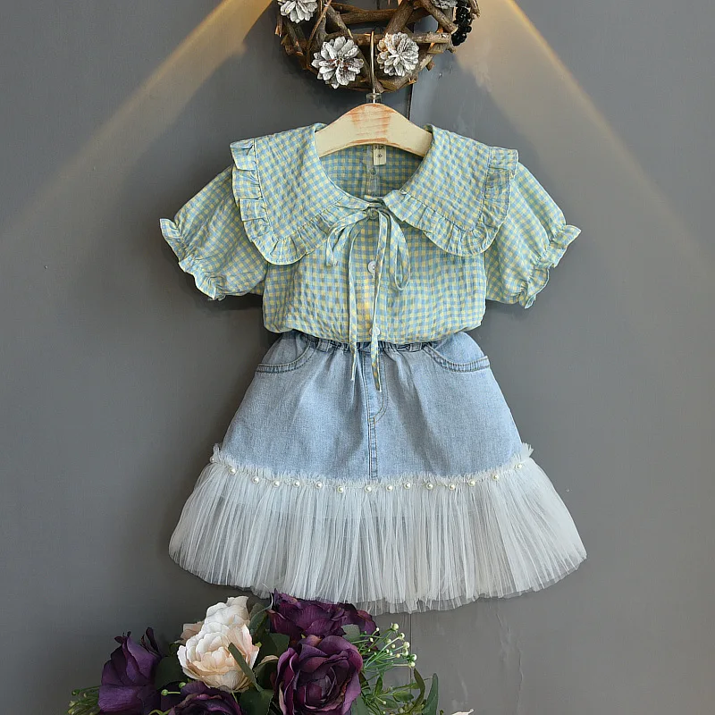 

Girls Summer Korean Plaid Shirt Denim Skirt Two Piece Set Toddler Girl Clothes Kids Boutique Clothing Wholesale Fashion Clothes