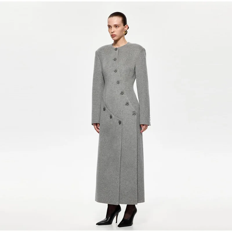 Women's Long Grey Woollen Coat O-neck Full Sleeve Asymmetric Button Design Elegant Silhouette Warm Outerwear 2025 Autumn Coat