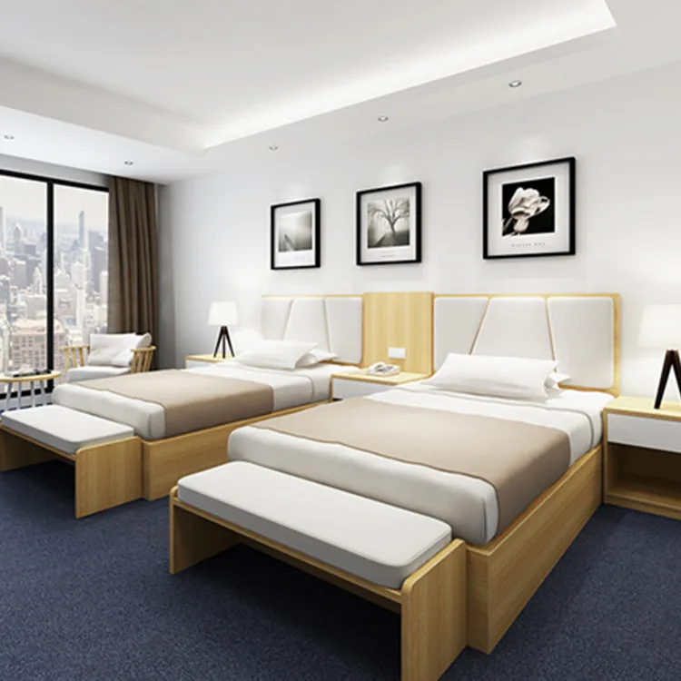 thumbnail image 1 of Juego de cama individual moderno para habitaciones de hoteles y apartamentos, diseños de muebles de madera con tamaño King Queen y doble, 1 of 3