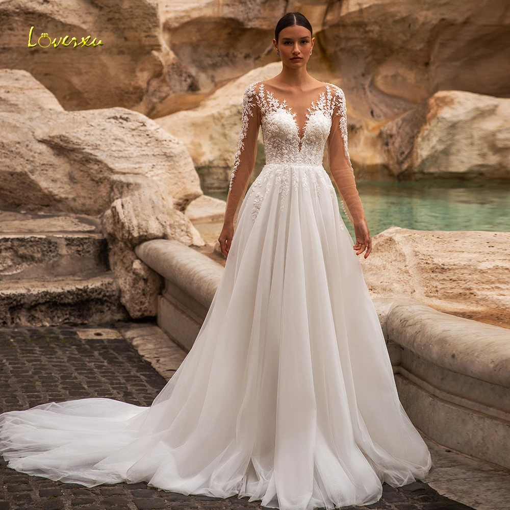 

Loverxu A-Line Graceful Wedding Dresses 2024 O-Neck Long Sleeve Vestido De Novia Glamorous Appliques Beaded Robe De Mariee
