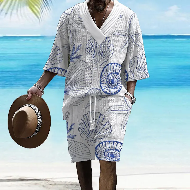 

2024 Summer New Men's Set Hawaiian Style Casual Loose Plus Size Men's Wear V-neck Half-sleeve T-shirt And Shorts Two-piece Set