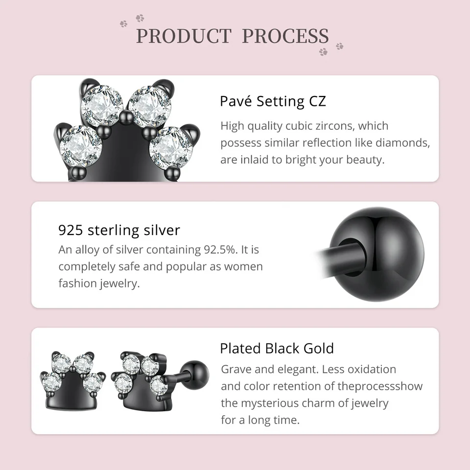 Sterling Silver Black Gold Pet Dog Paw Stud Earrings For Women - PeticaDeals