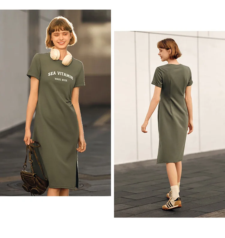 Dress Women Vintage Casual Midi Dress Summer New Letter Print Split T-Shirt Dress
