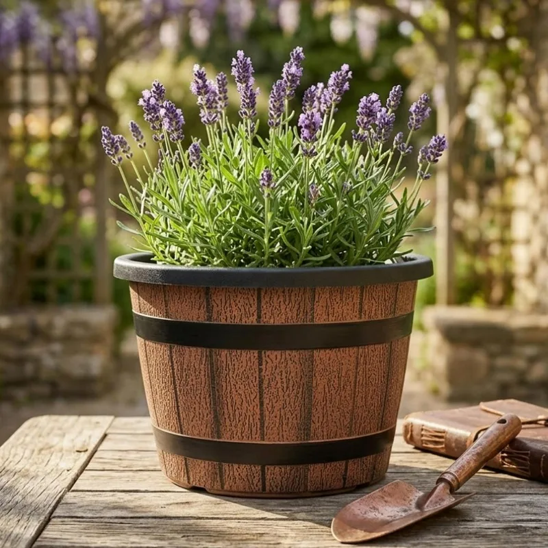 Large Simulated Wooden Flowerpot for Home and Garden Decor