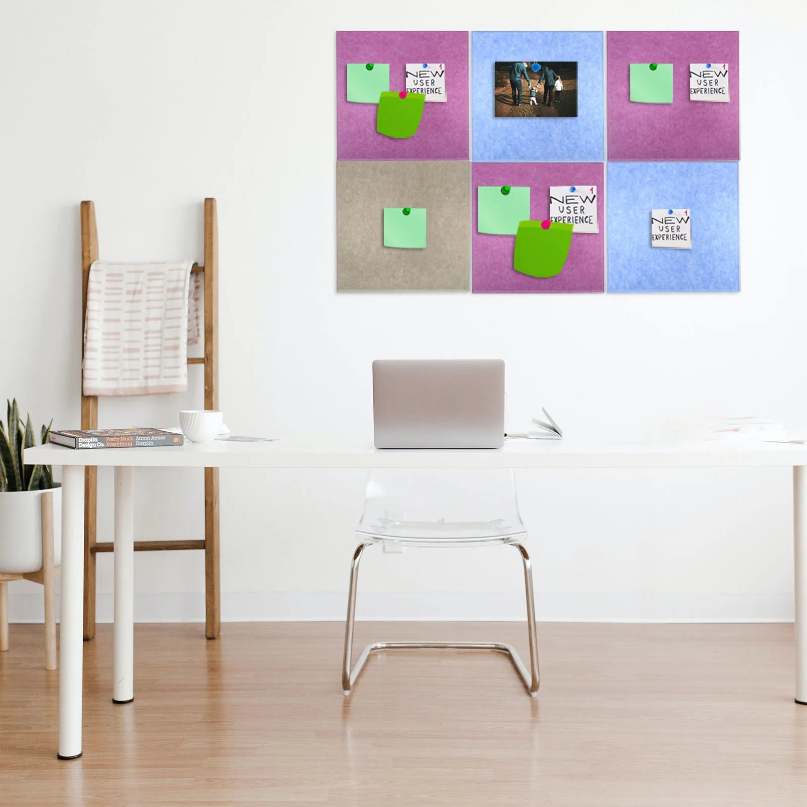 6Pcs Felt Bulletin Message Board Felt Board Tile Self Adhesive Square Wall Message Cork Pin Bulletin with Push Pins