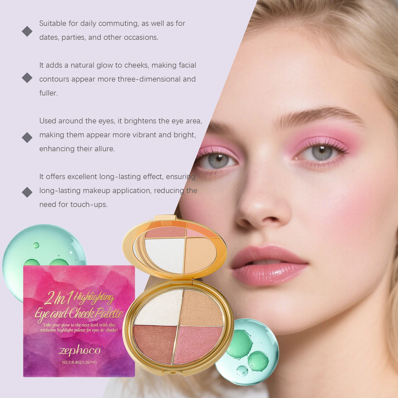 Zephoco 2-in-1 Highlighting Eye & Cheek Palette -Soft Shimmery Tones,Blendable Formula,All-in-One for Glowing Eye & Cheek Makeup