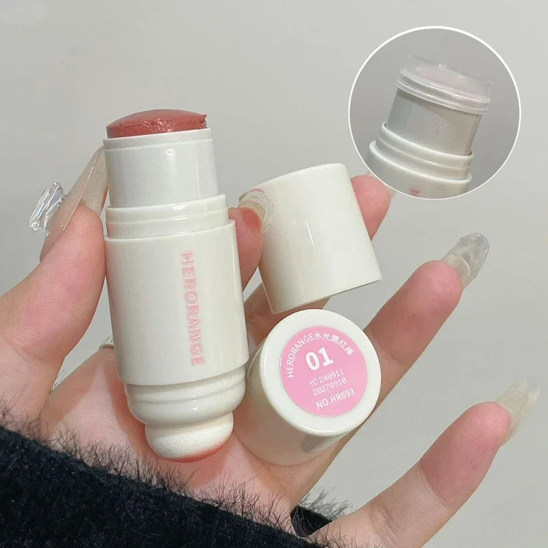 Double-ended Blush Stick Sponge Soft Face Brightening Water Light High Gloss Cream 2 in 1 Peach Pink Cheek Tint Makeup Cosmetics