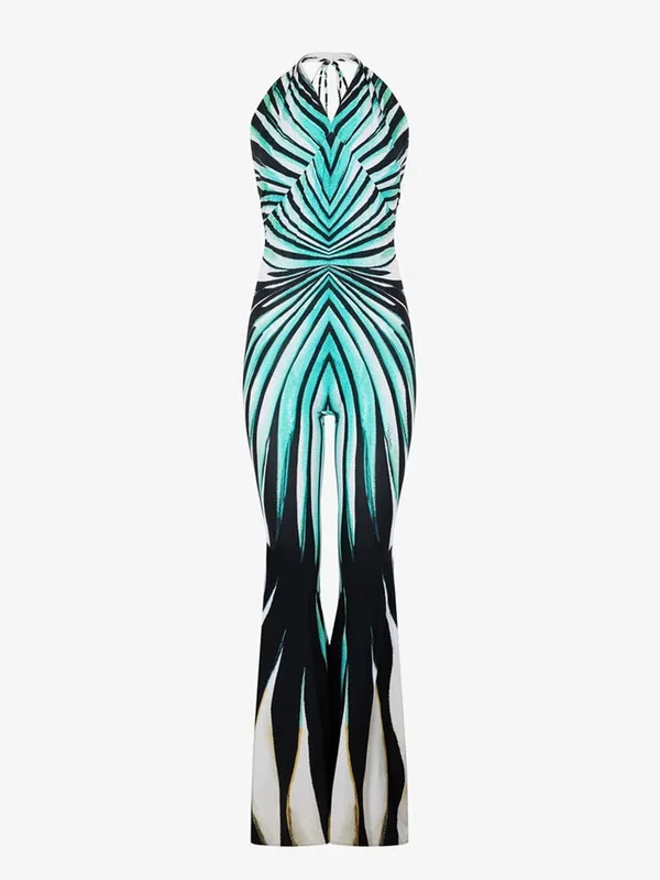 Ahagaga Fashion Printed Women Jumpsuits Halter Bandage Hollow Out Striped Skinny Flare Pants Sexy Streetwear Rompers Female