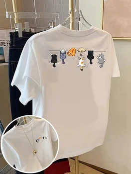 Cartoons Cats Prints T-Shirts Summer Womens Cotton T Shirts Basic O-Neck Oversized Short Sleeve Tops Casual Street Woman Clothes 1