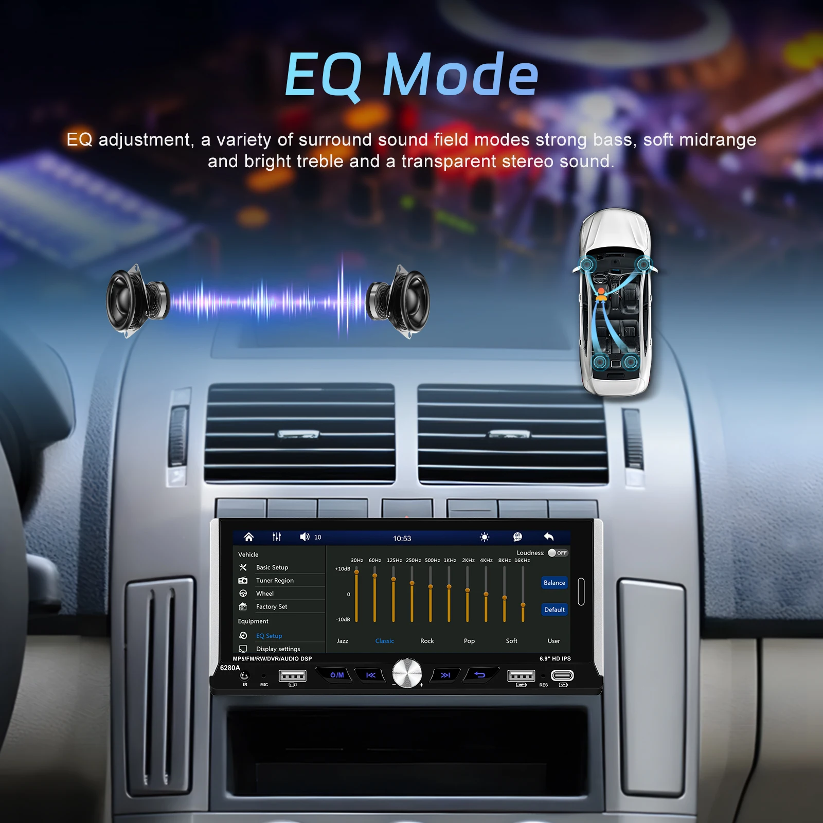 Podofo 1DIN Radio Stereo samochodowe z androidem 6.9 ''2 + 64G samochodowy odtwarzacz multimedialny bezprzewodowe Carplay Android auto Bluetooth WIFI GPS RDS Radio