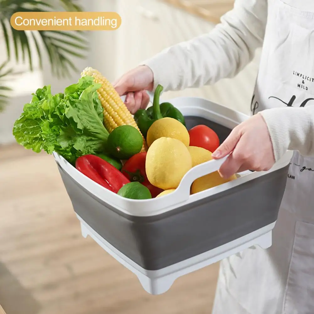 Folding Wash Basin Silicone Dish Tub Collapsible With Drain Plug Carry Handles Washing Basin Drainer Sink Colander For Camping