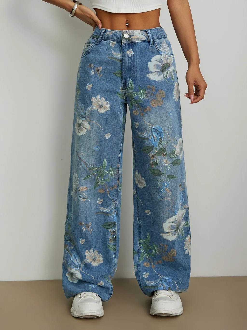 Jean ample à imprimé floral vintage pour femme, taille haute, coupe droite, pantalon en denim long à imprimé floral rétro