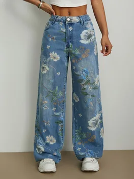 Jean ample à imprimé floral vintage pour femme, taille haute, coupe droite, pantalon en denim long à imprimé floral rétro