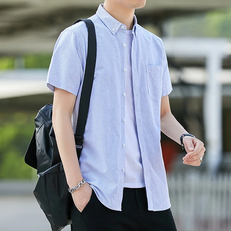 Half Sleeve Shirt Men Slim Cotton Pure Color Stripe Shirts Casual Short Sleeve Shirts for Men Single Pocket Men's
