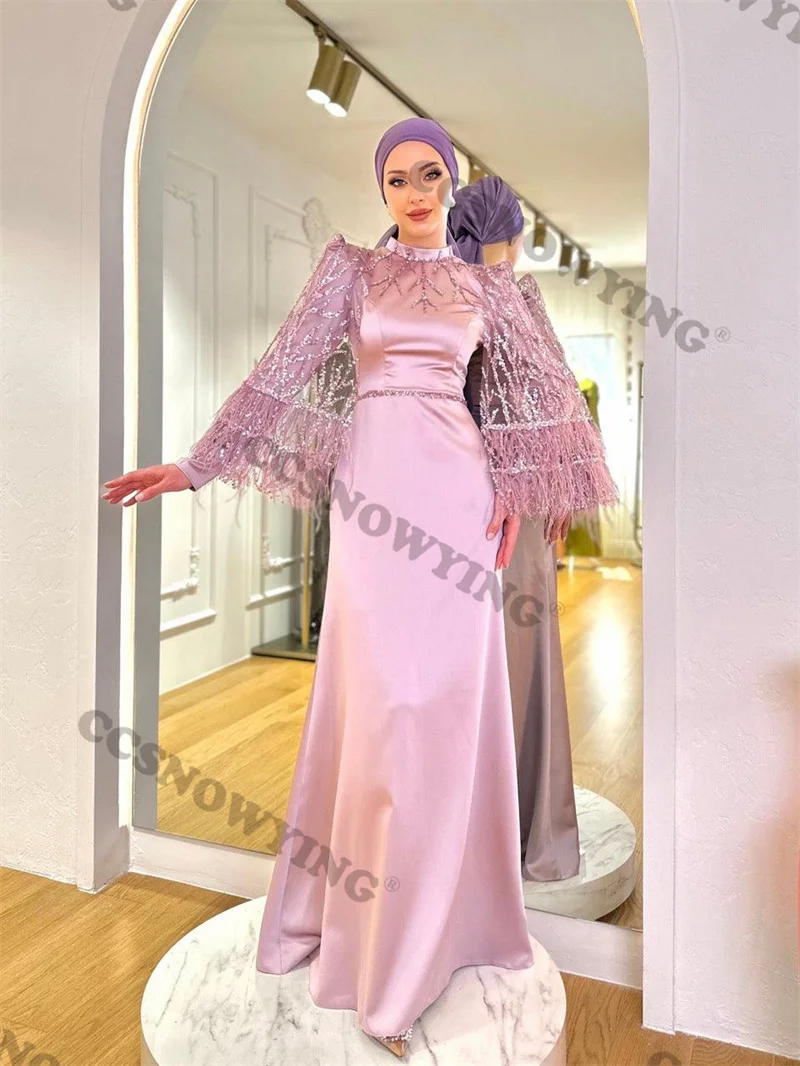 

Appliques Beaded Feather Hijab Muslim Evening Dresses Satin Long Sleeve Islamic Formal Party Gown Arabic Dubai Robes De Soirée