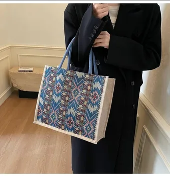 Women Ethnic Style Woven Handbag Large Capacity Canvas Tote Bag Vintage Geometric Print Shoulder Shopping Bag