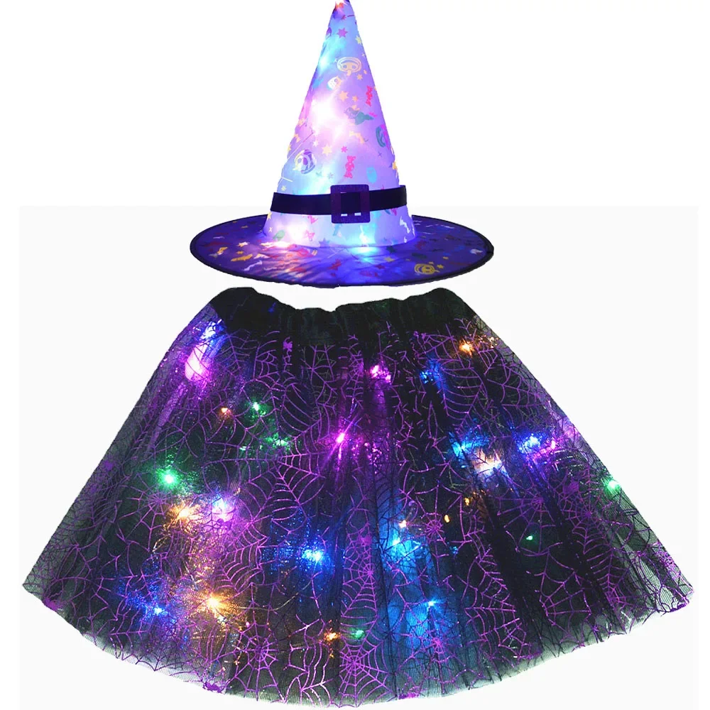 Cosplay Costume Halloween Dress Outfit Women Kids Girl Luminous LED Glow Lights Elf Witch Hat Star Skirt Spider Web Wizard Costume Party Gift Halloween Festival