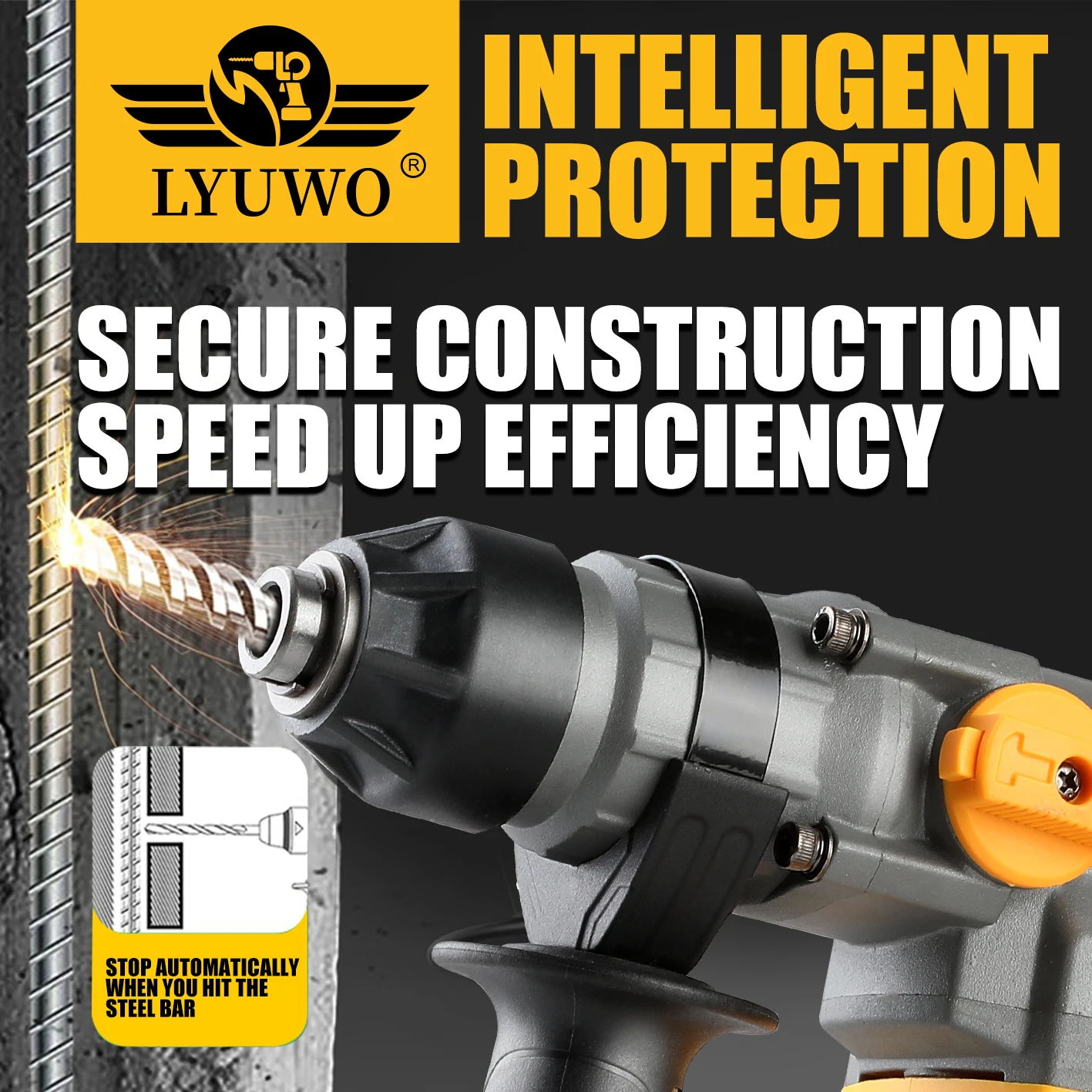 LYUWO wireless hammer drill bit, rechargeable brushless hammer drill bit, punching machine power tool, up to 20V 2