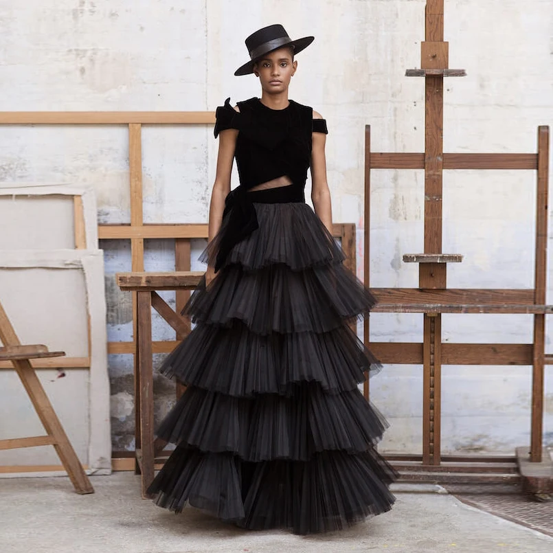 

Chic Black Tulle Long Women Skirts Elegant Ruffles Tiered Puffy Prom Skirt Floor Length Mesh A Line Celebrity Party Skirt