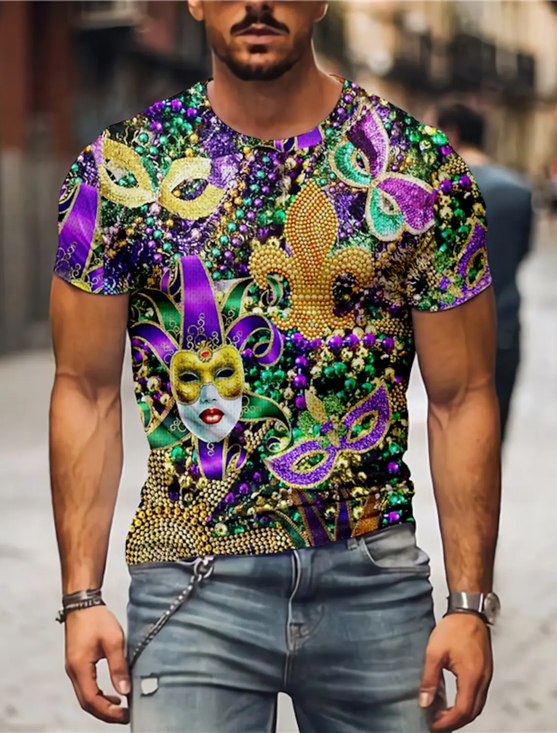 Mardi Gras 남성용 그래픽 마스크, 데일리 디자이너 레트로 빈티지 3D 프린트 티셔츠, 야외 휴가 티셔츠, 반팔