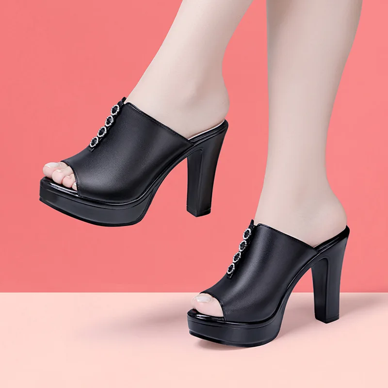 High quality summer leather sandals for women 10cm high heel new 2024 size 32 33 43 platform open toe elegant shoe black white