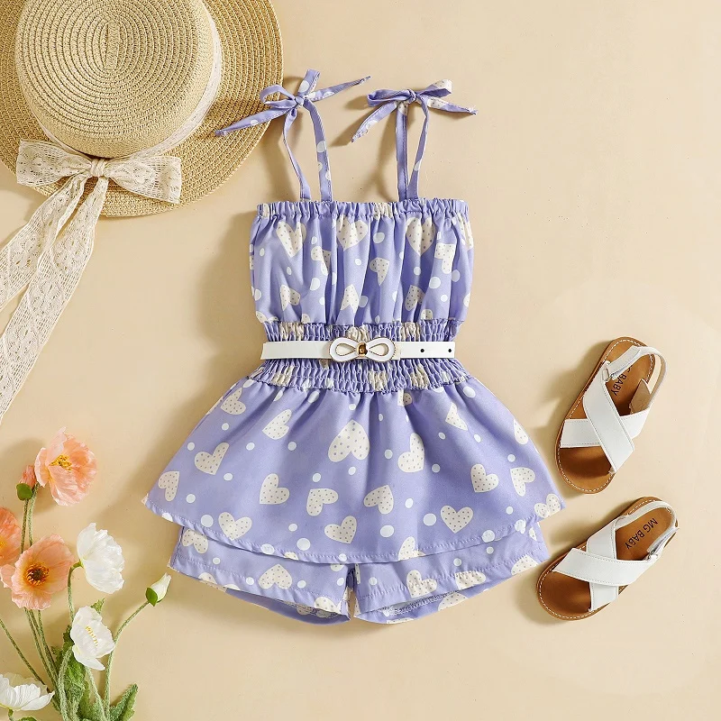 Baby Clothing Set cheap 2022 new children's belt fashion suit baby one-piece pants Summer girls' suspender love printed one-piece clothes newborn baby clothing gift set Baby Clothing Set