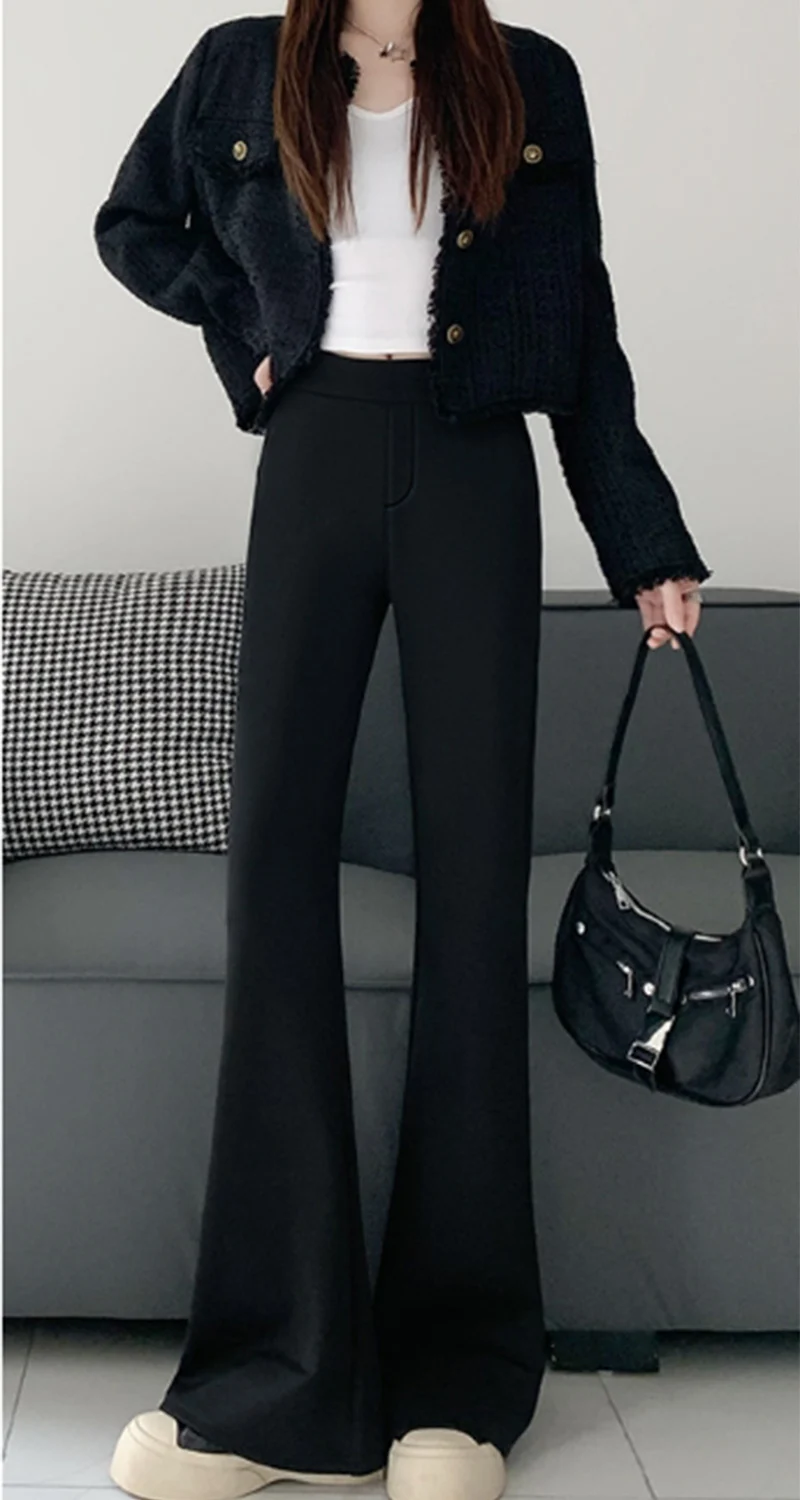 Temperament Black Slimming Flared Pants Women Autumn Chic Design Front Split Tight Trousers Casual High Waist Hip Lift Long Pant