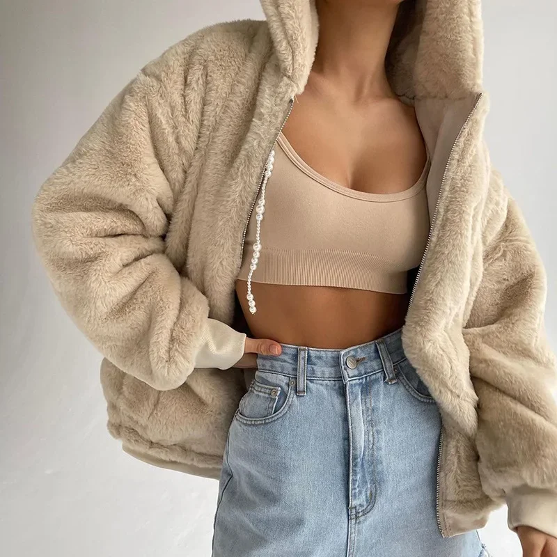 Winter Lamb Wool Loose Coat Fleece Sweater Zipper Hooded Long Thick Fluffy Warmth Wear Women's Hoodie Coat Jackets for Women