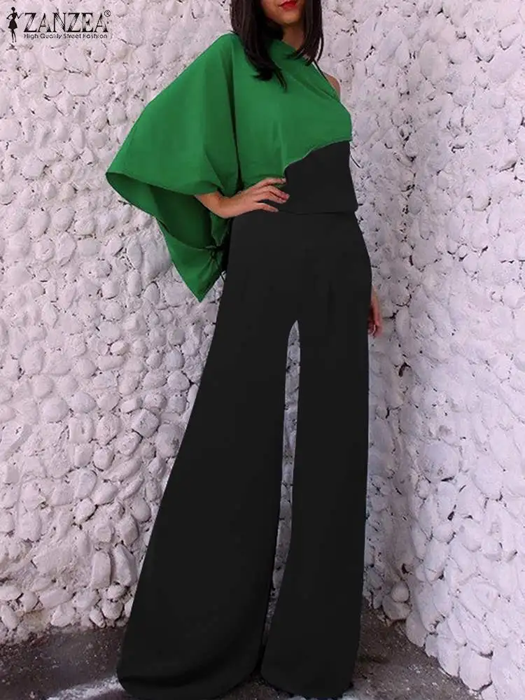 

ZANZEA Strapless Fashion Long Rompers with Shawl Elegant Color Blocking Wide Leg High Waist Overalls Summer Women Jumpsuits