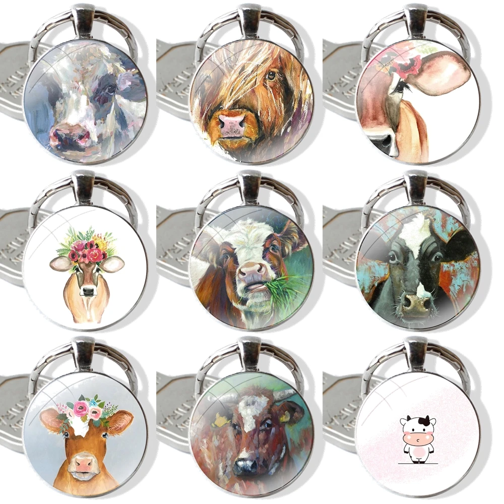 Брелок для мужчин и женщин, классическая металлическая подвеска в виде животного, крупного рогатого скота, коровы, акварели