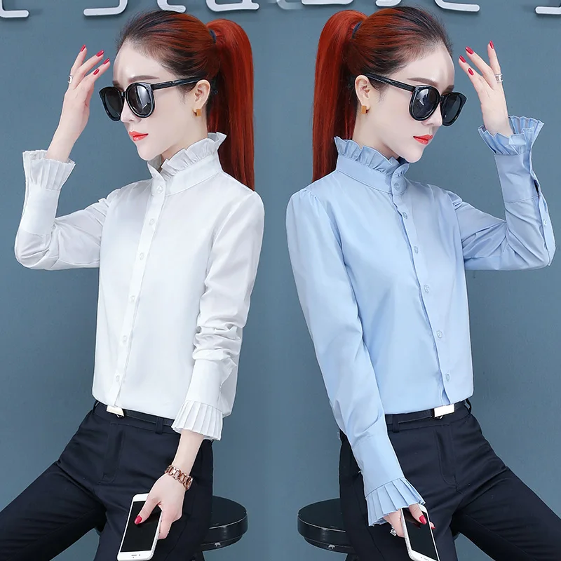 Fashion And Versatile Stand Up Collar With Wooden Ear Edge Long Sleeved Inner Lining Shirt Women'S Spring Autumn New Bottom Top