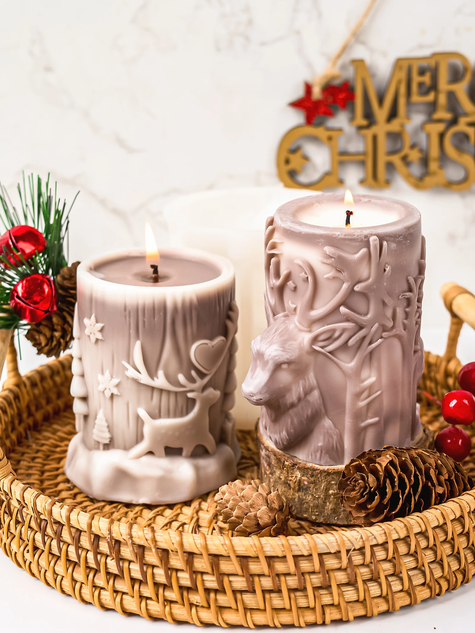 New Christmas Tree Carving Pattern Silicone Mold DIY Scented Candles Reindeer Snowflake Cylindrical Elk Resin Molds Home Decor