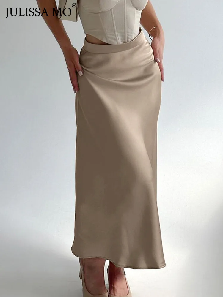 

JULISSA MO High Waist Loose Female Long Skirt Solid Casual Elegant Streetwear Fashion Satin Slim Outfits For Women Maxi Skirt