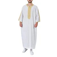 Muslim Robe For Men Arabic Traditional 3/4 Sleeve Gold Embroidered Men's Robes Large Size Moroccan Jilbab Islamic Clothing