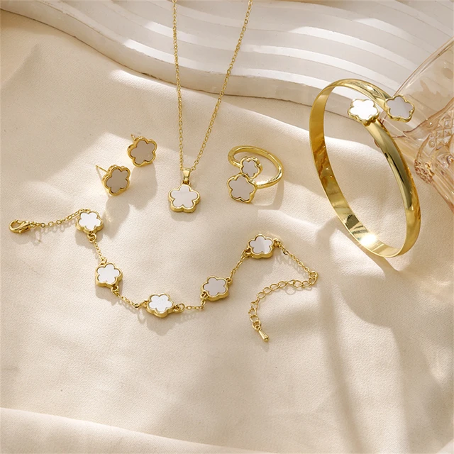 5pcs Lucky Five-petal Flower Women's Jewelry Set, Fashion Flower Bracelet + Necklace + Earrings + Bracelet + Ring, Birthday 2